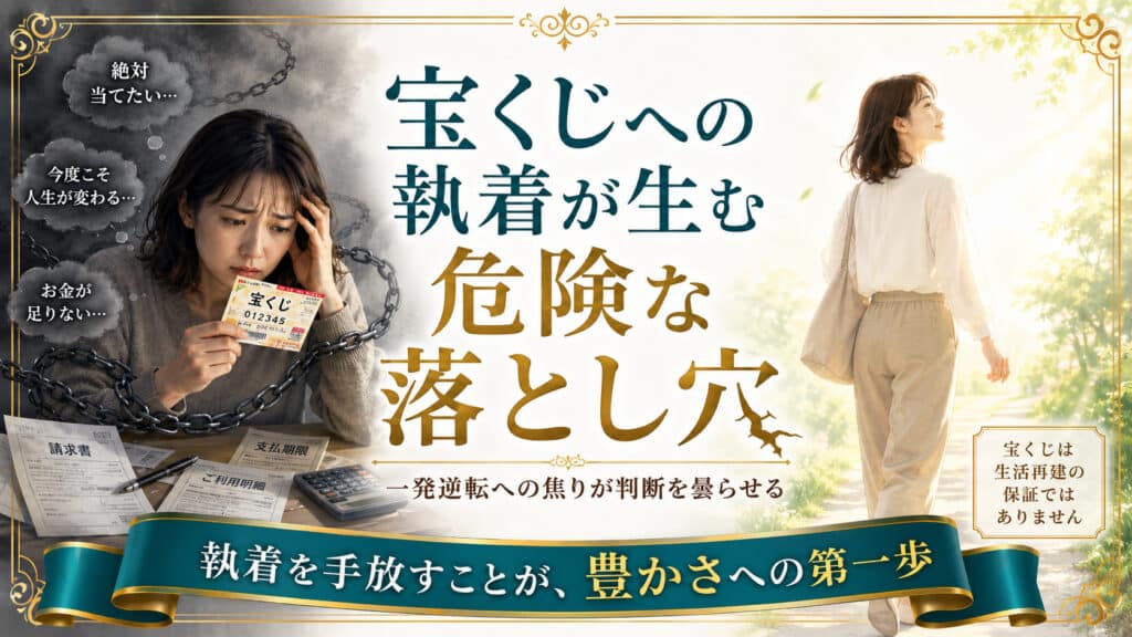 宝くじで一発逆転しようとする執着が不安や判断の迷いを強めるイメージ