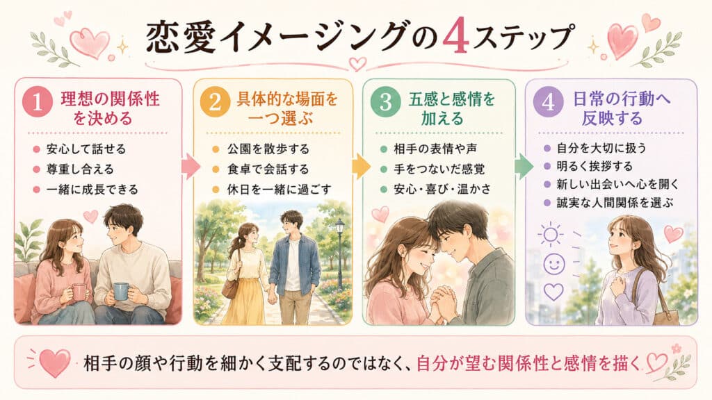 理想の関係性を描き、感情を加えて日常の行動へつなげる恋愛イメージングの4ステップ