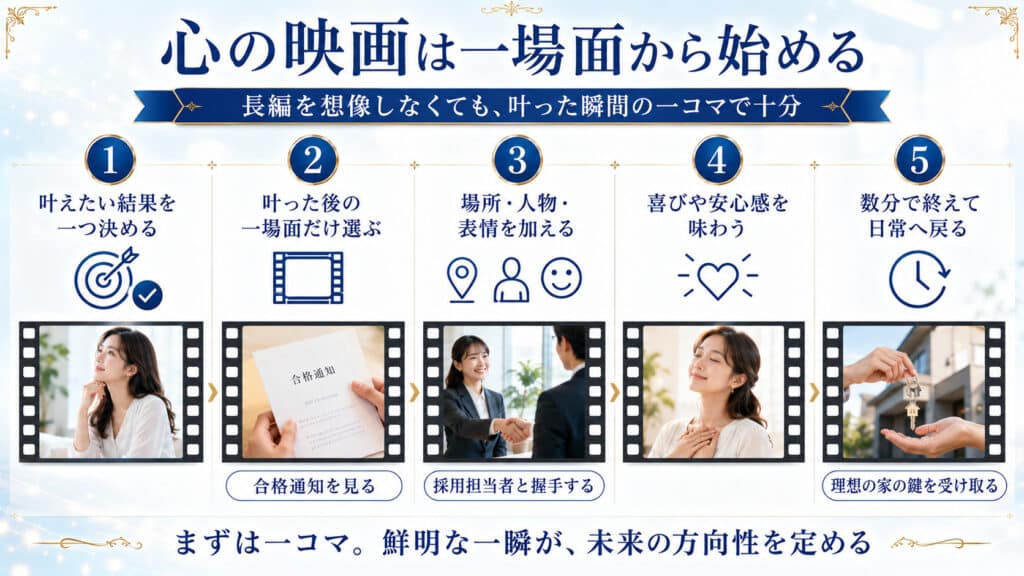 叶った未来の一場面から心の映画を作る5ステップの図解