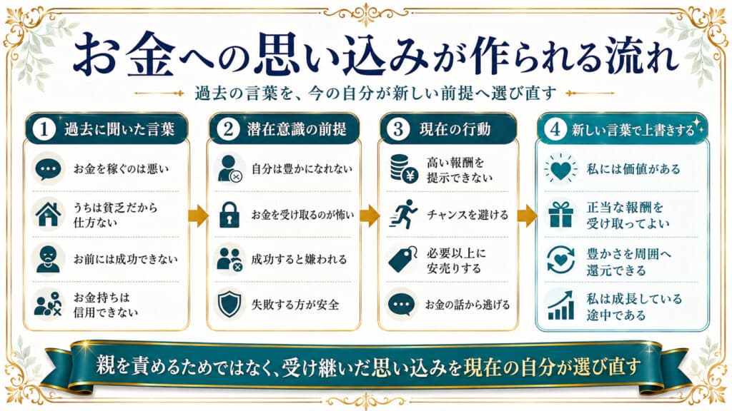 過去に聞いたお金の言葉が思い込みと行動を作り新しい前提へ書き換わる流れ