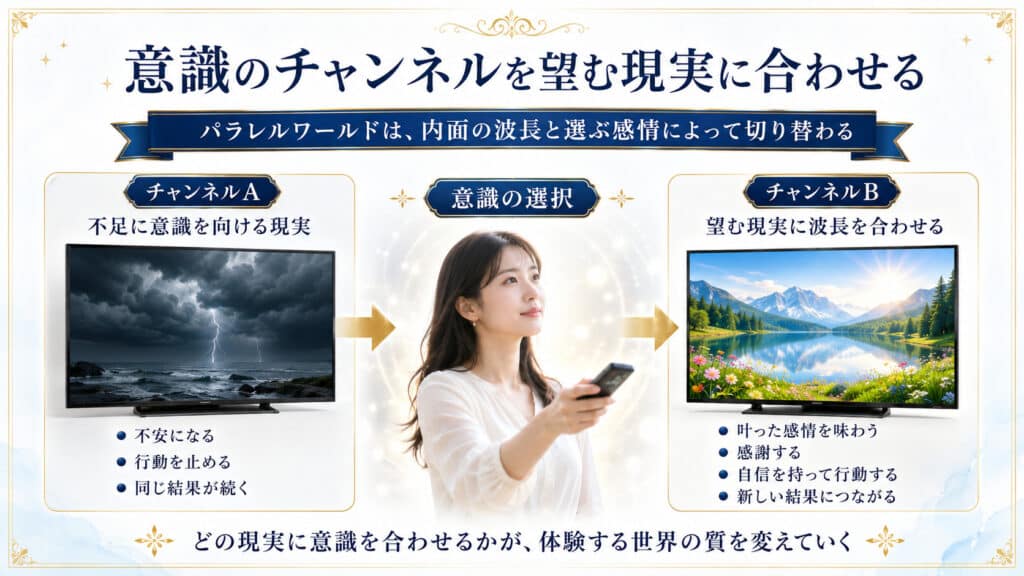 不足の現実と望む現実から意識のチャンネルを選択する仕組みの図解