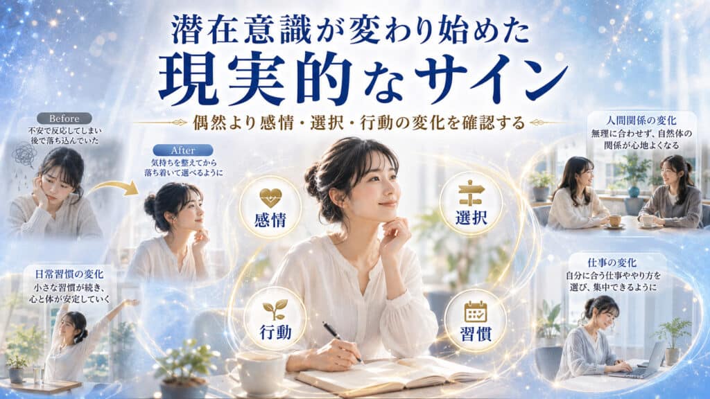 潜在意識の変化によって感情、選択、行動、習慣、人間関係や仕事に現れる現実的なサインを表したイメージ
