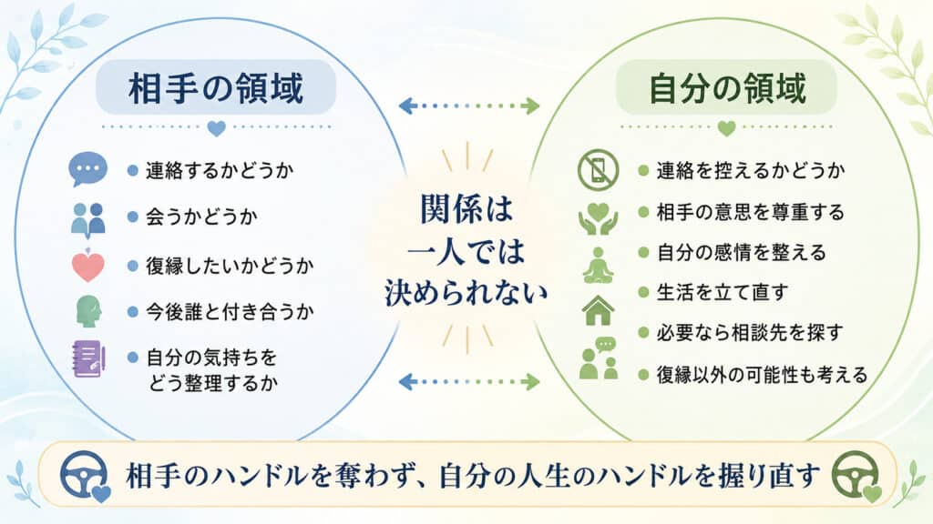 復縁で相手が決める領域と自分が整えられる領域を分けた図解