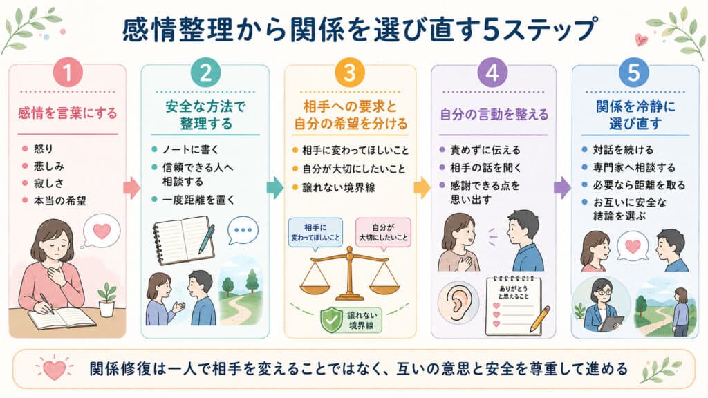 感情を整理し、自分の希望や境界線を見直して関係を選び直す5ステップ図解