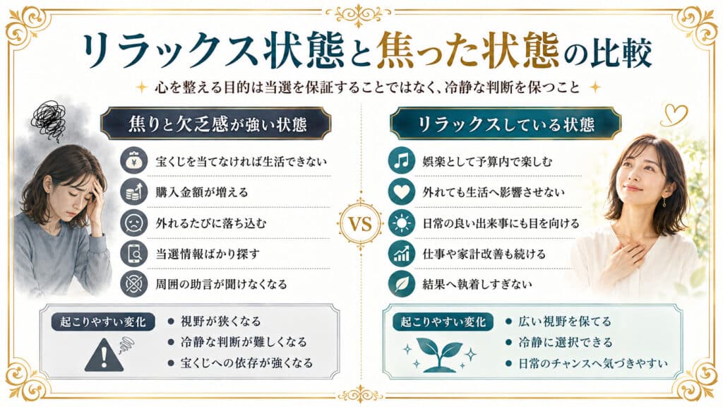 宝くじに焦る不安な状態と娯楽として楽しむリラックスした状態の比較