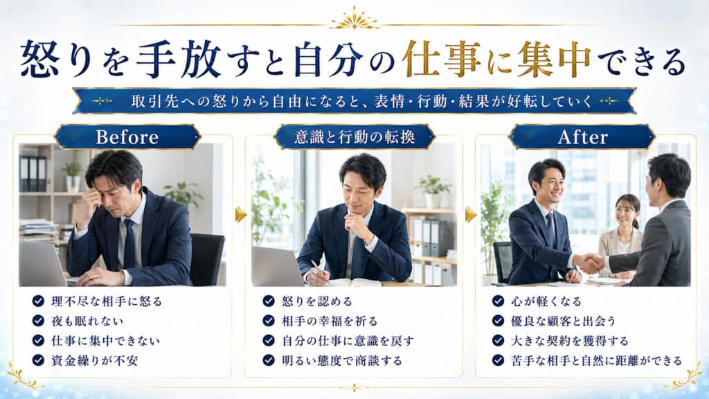 取引先への怒りを手放して自分の仕事に集中し成果が好転する流れ