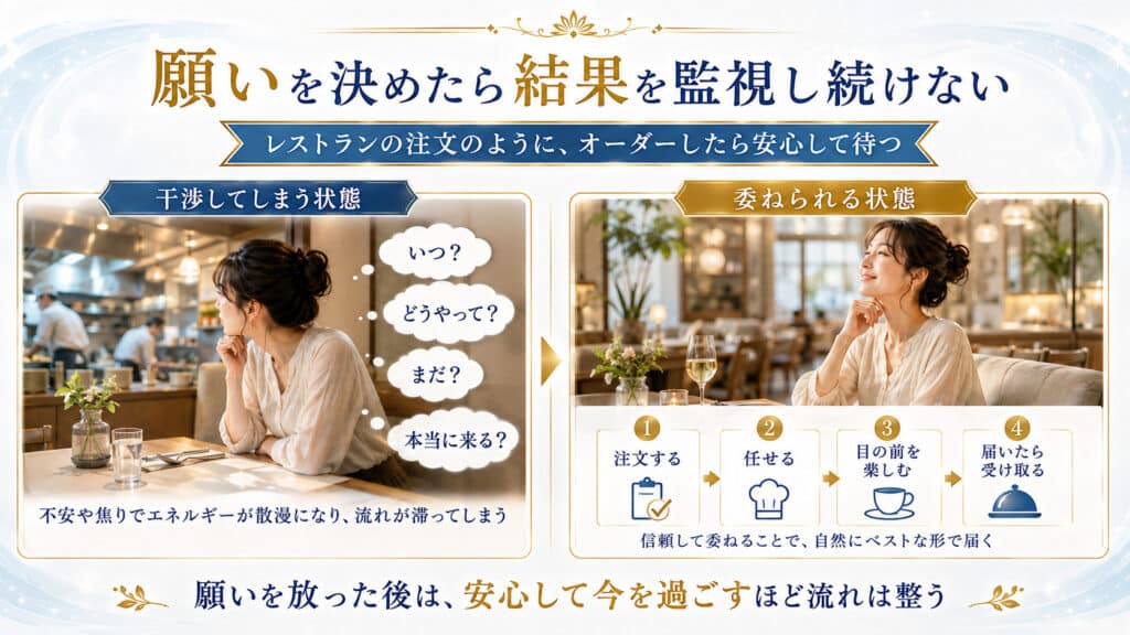 レストランの注文を例に願いを監視せず安心して委ねる方法を示した図解