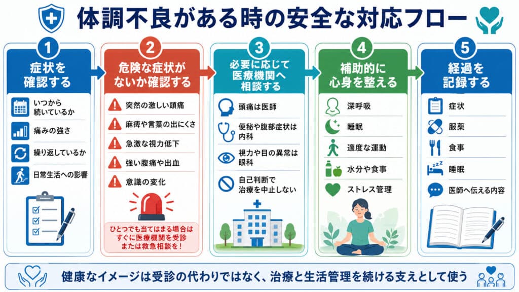 体調不良の症状確認から医療機関への相談、生活管理、経過記録までの安全な対応手順