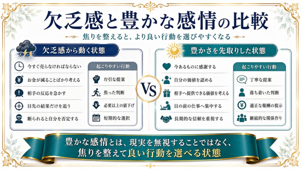 欠乏感から動く状態と豊かさを先取りして行動する状態の比較