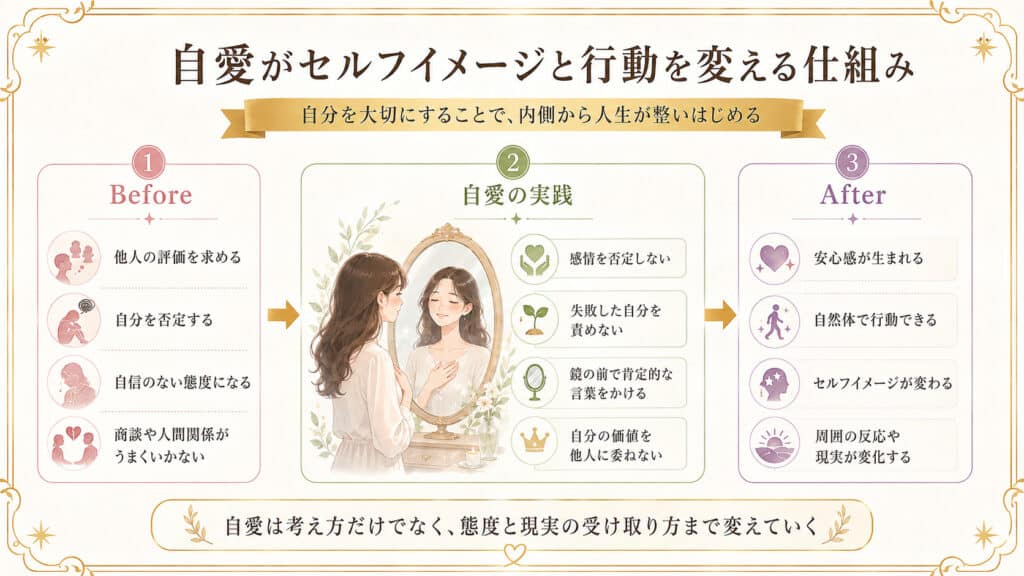 自愛によってセルフイメージと行動が変わる仕組みの図解