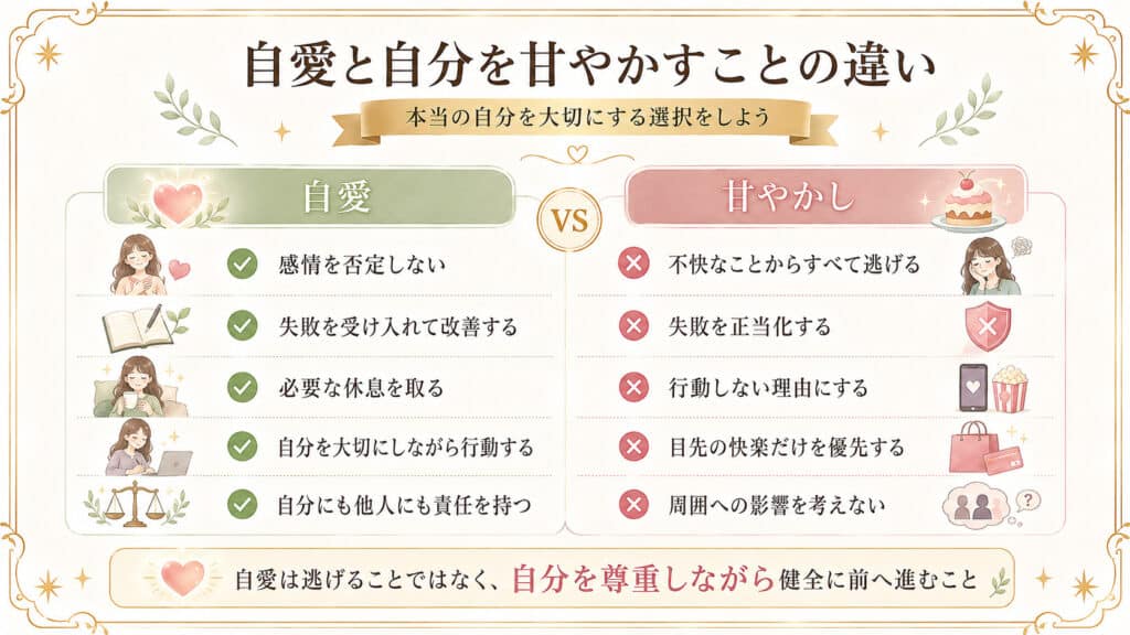 自愛と自分を甘やかすことの違いを比較した図解