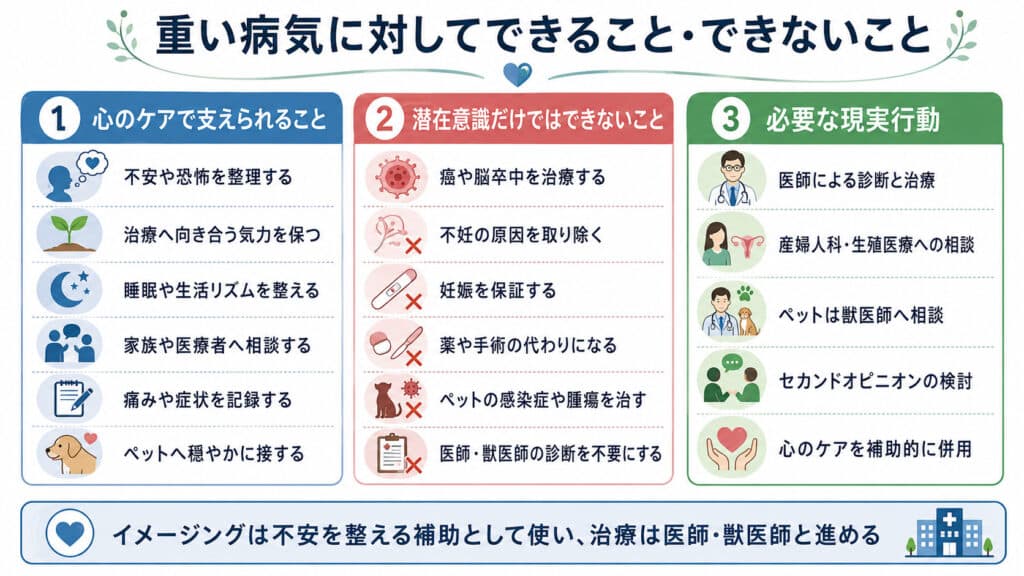 重い病気に対して心のケアで支えられることと医療や獣医療が必要なことの比較