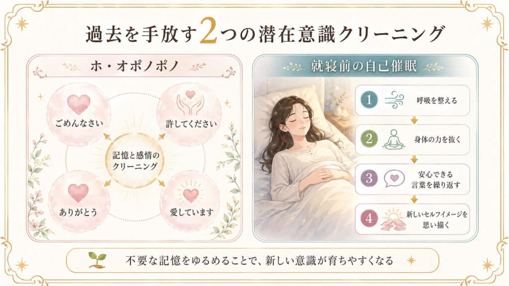 ホ・オポノポノと就寝前の自己催眠による潜在意識クリーニングの図解