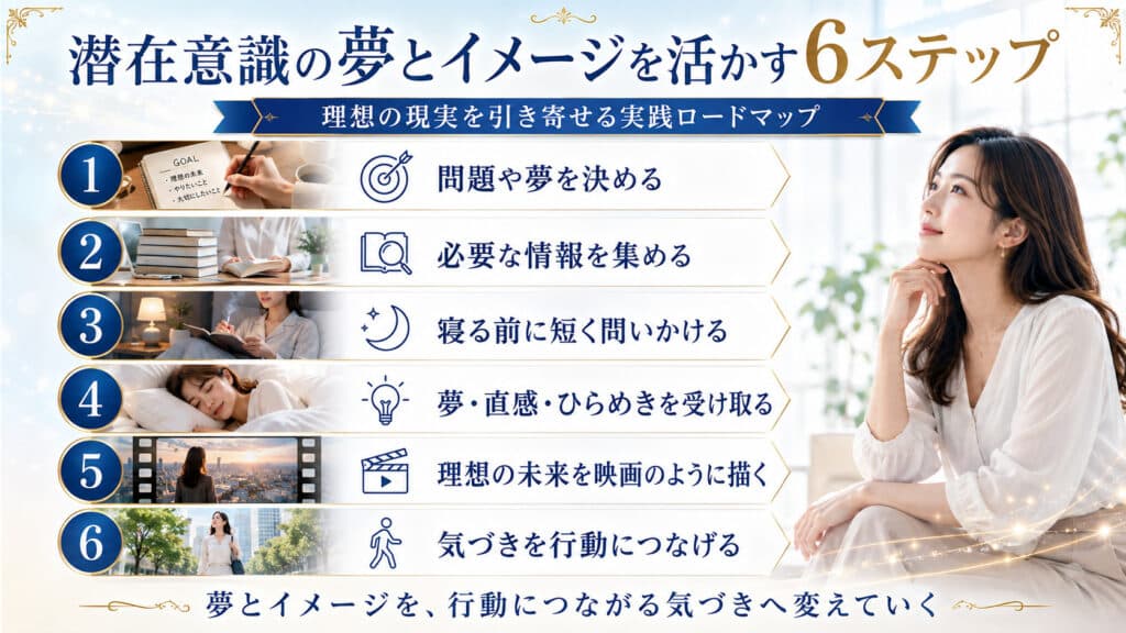 潜在意識の夢とイメージを活かして理想の現実につなげる6ステップの図解