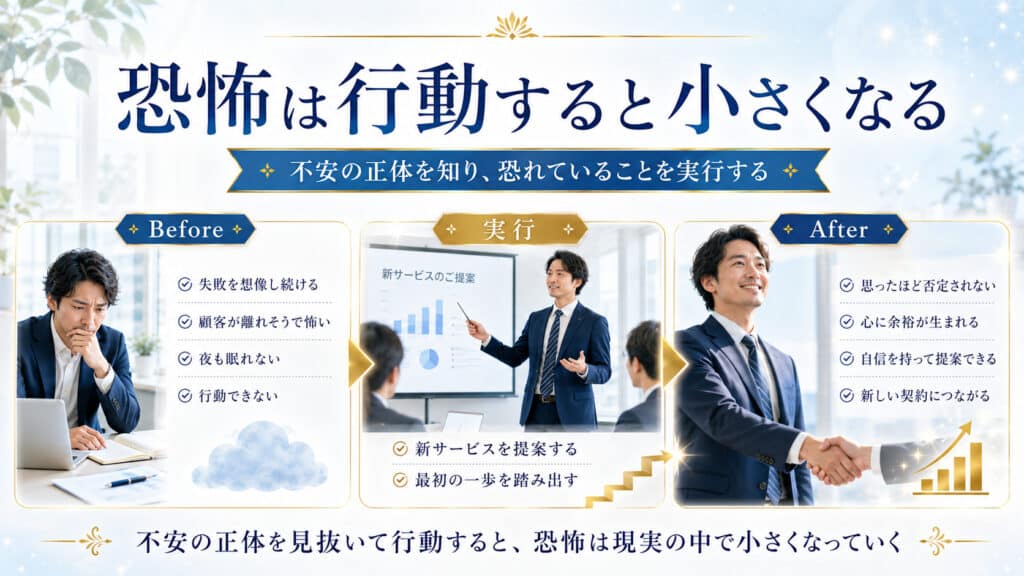 恐怖を感じながら小さく行動することで不安を和らげていく3段階の図解