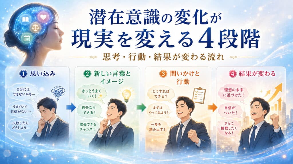 思い込み、新しい言葉とイメージ、行動、結果へと潜在意識の変化が現実に表れる4段階