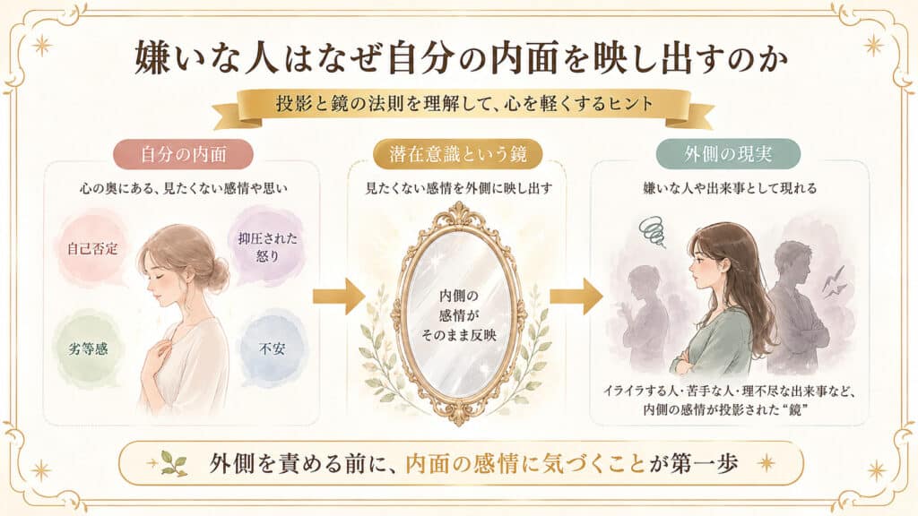 潜在意識の投影と鏡の法則で嫌いな人が気になる仕組みの図解
