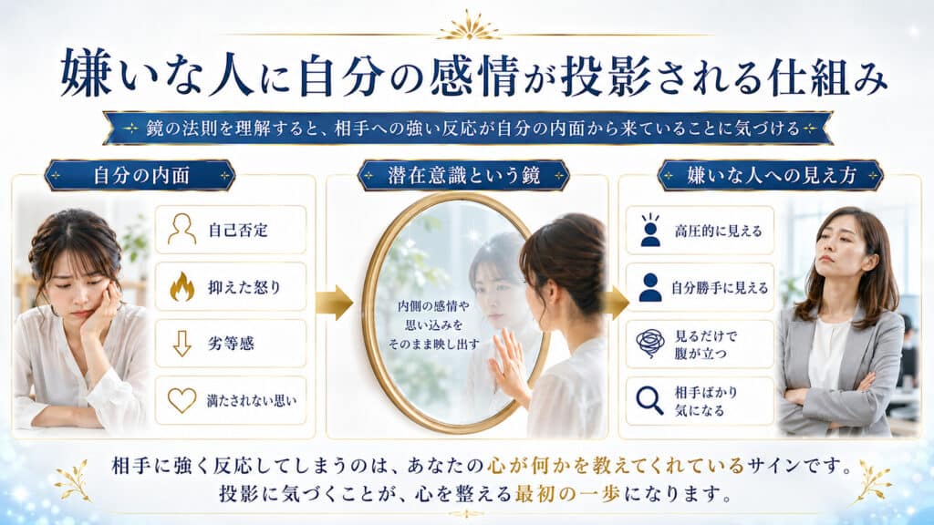 自分の内面の感情が嫌いな人への見え方に投影される鏡の法則の図解