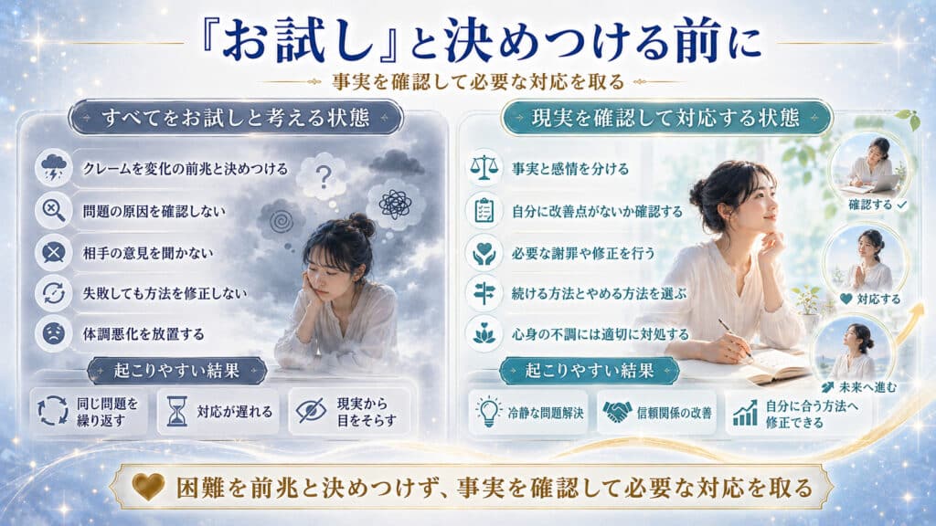 問題をすべてお試しと決めつける状態と、事実を確認して必要な対応を取る状態の違いを比較した図解
