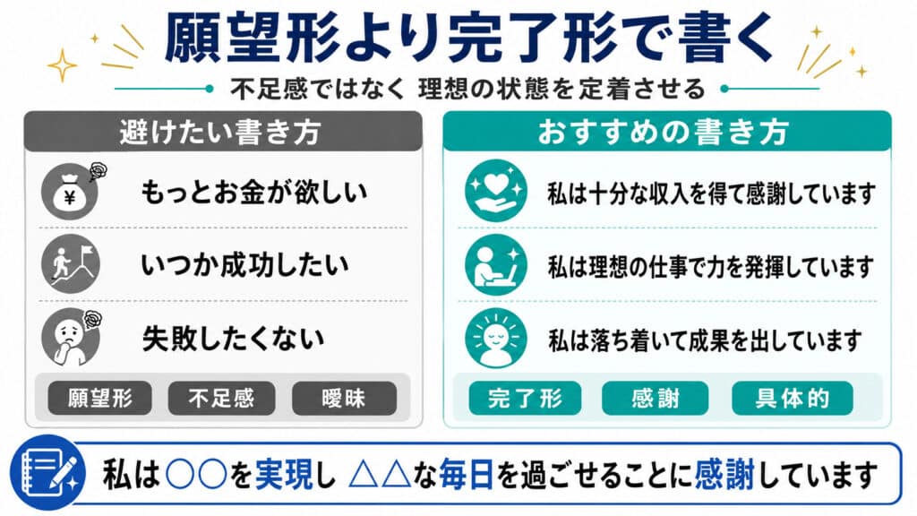 潜在意識ノートで避けたい願望形とおすすめの完了形の比較