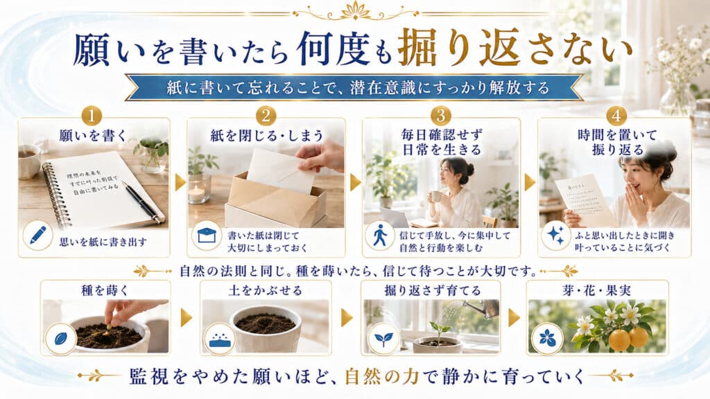 願いを紙に書いてしまい込み何度も掘り返さず育てる4ステップの図解